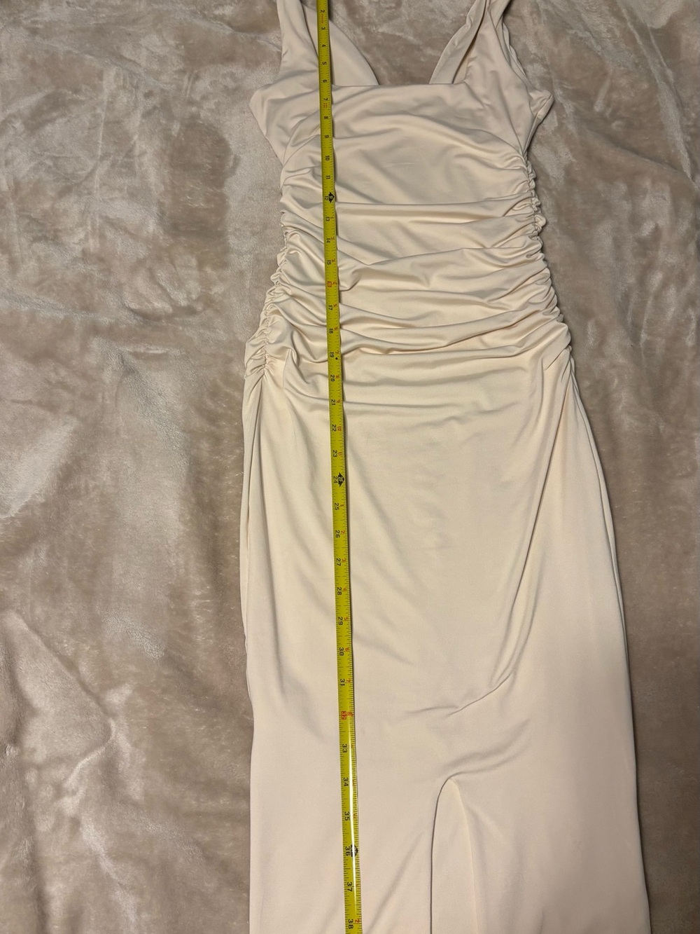 Oh Polly Ruched Cream Women’s Dress - Sleeveless Elegant Midi